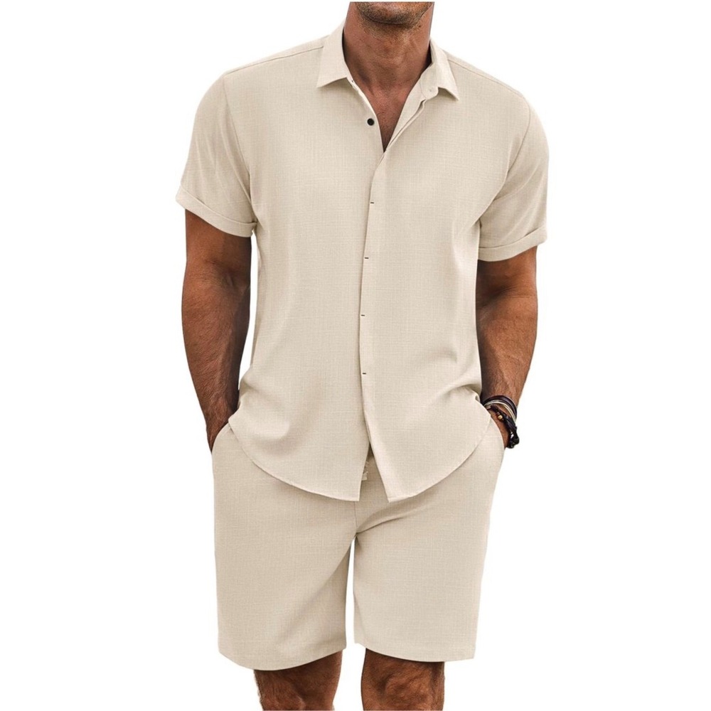 Coofandy Mens 2 Piece Linen Set Khaki Beige Shirt and Shorts XL NEW